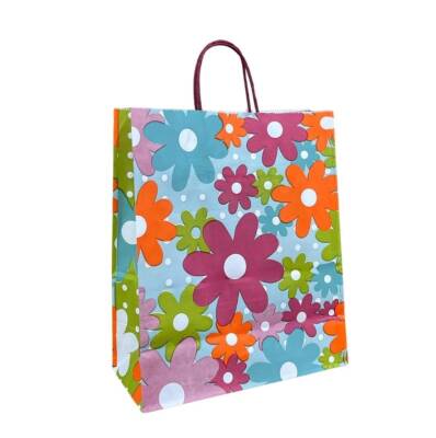 Çiçek Desenli Burgu Saplı Kraft Çanta 25x31x12 cm 50 Adet - 1