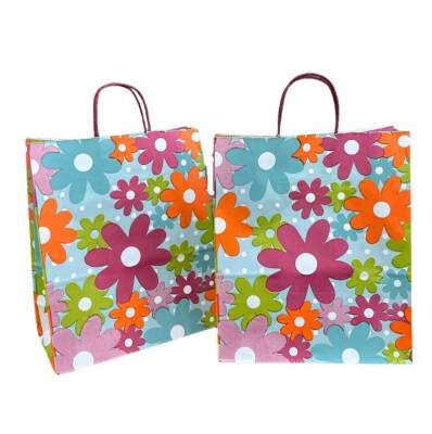 Çiçek Desenli Burgu Saplı Kraft Çanta 25x31x12 cm 50 Adet - 2